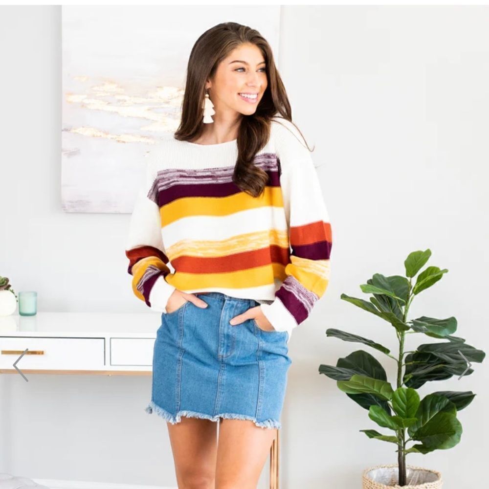 Mint Julep Boutique Yellow Burgundy & White Striped Wide Neck Sweater